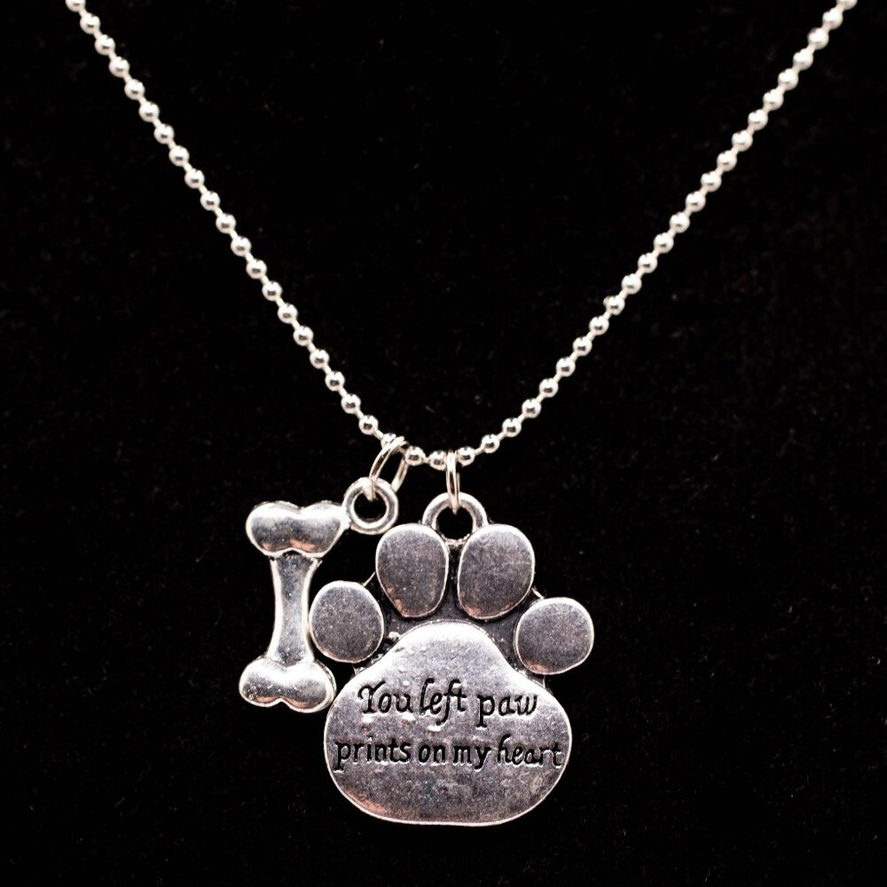 Handmade Silvertone "Paw Prints on My Heart" Pet Bereavement Necklace, New